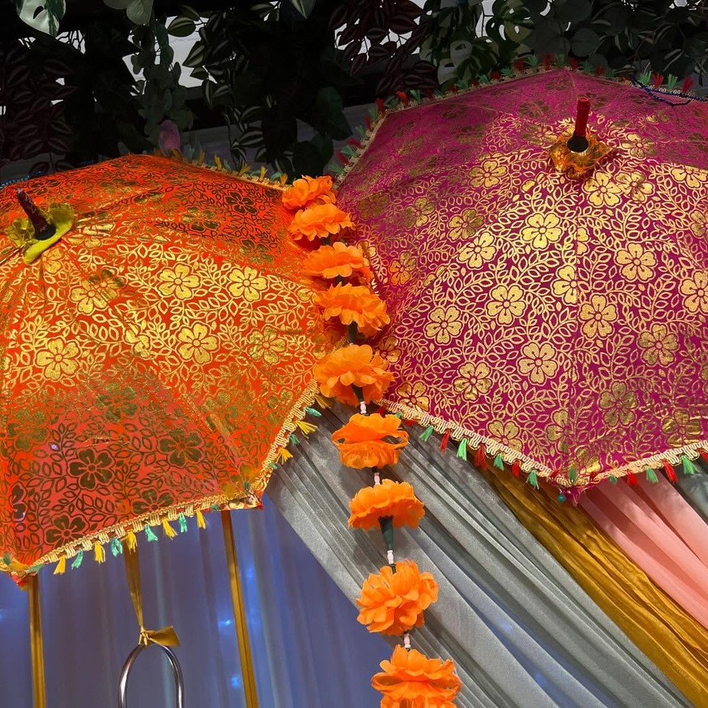 Close-up of decorative parasol canopies